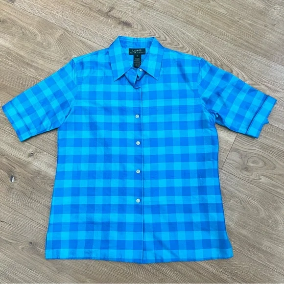 Lauren Ralph Lauren Blue Checkered Silk Blouse Women’s Small Great Condition - Picture 5 of 10